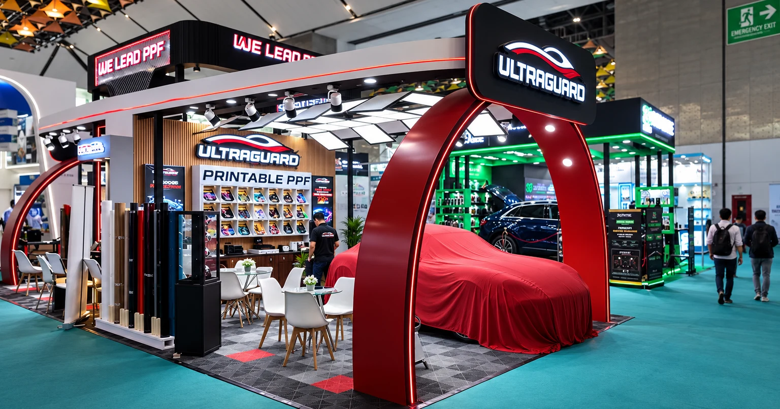 The Detailing Mafia's Ultraguard stand with a red arch at Automechanika New Delhi