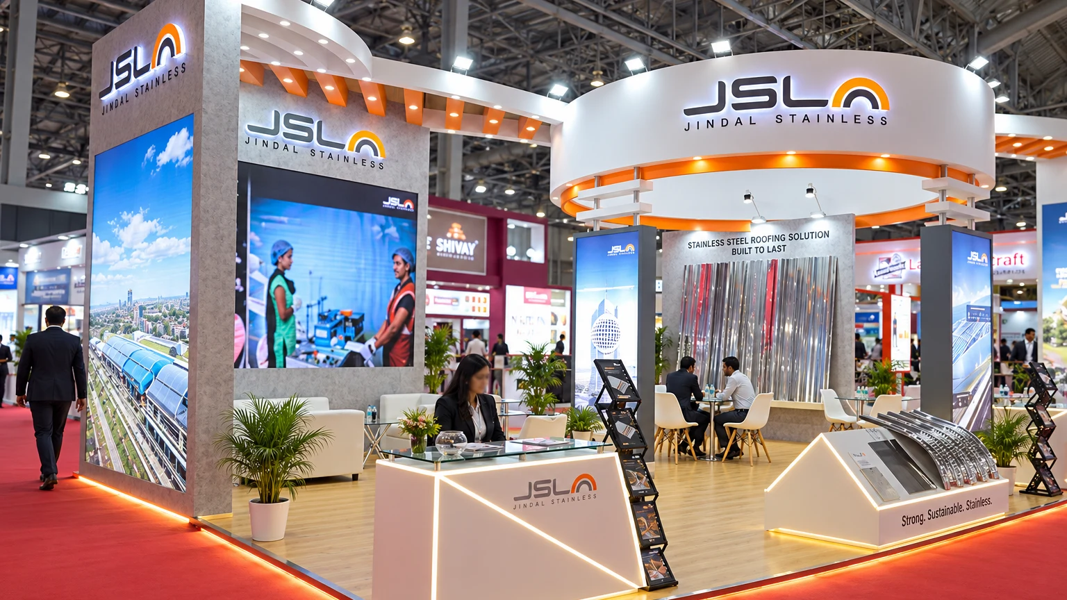 Jindal Stainless stand with a circular canopy at Roof India, Bengaluru