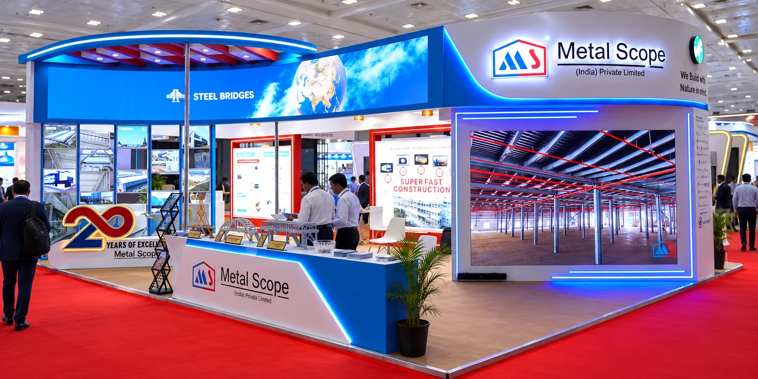 Metal Scope exhibition stand with a curved LED band and a blue-lit reception counter