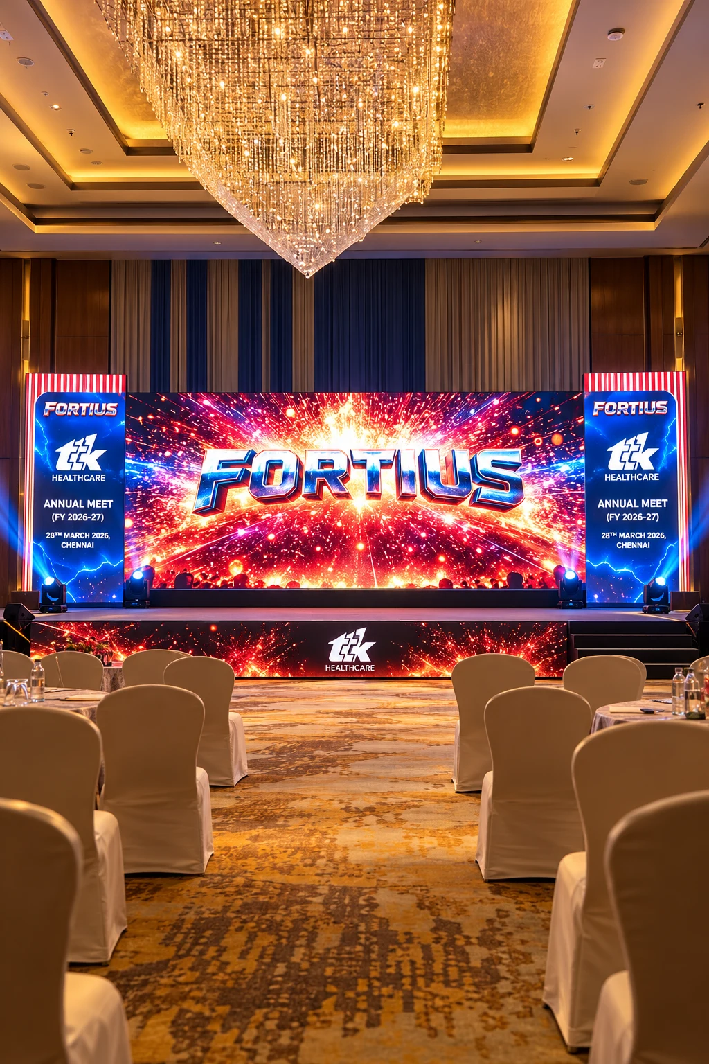 FORTIUS stage at the TTK Healthcare annual meet, under a crystal chandelier